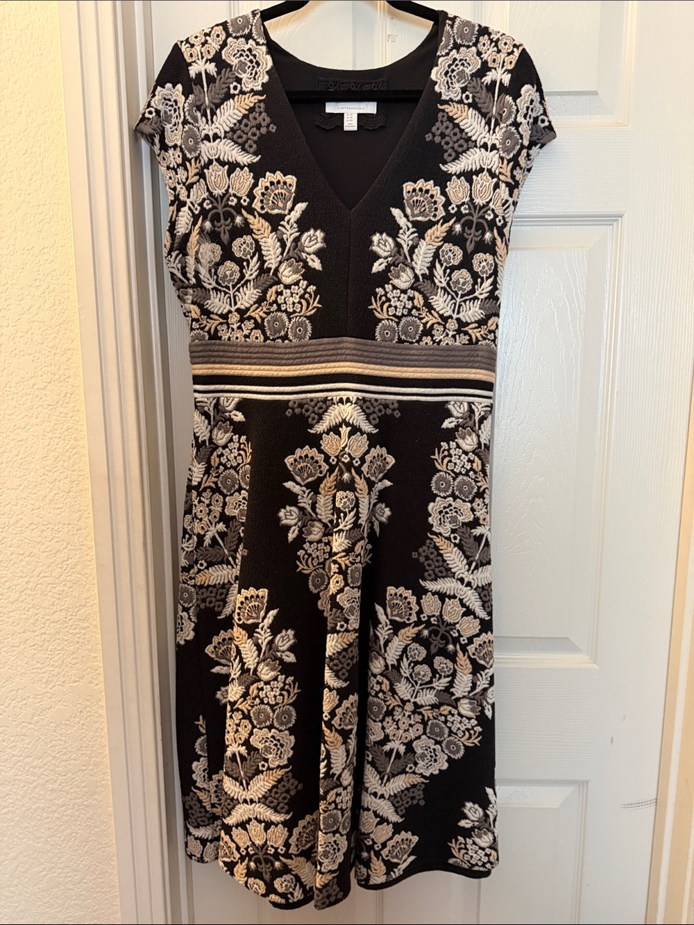 Anthropologie Black, Gray and Cream Floral Jacquard Midi Dress